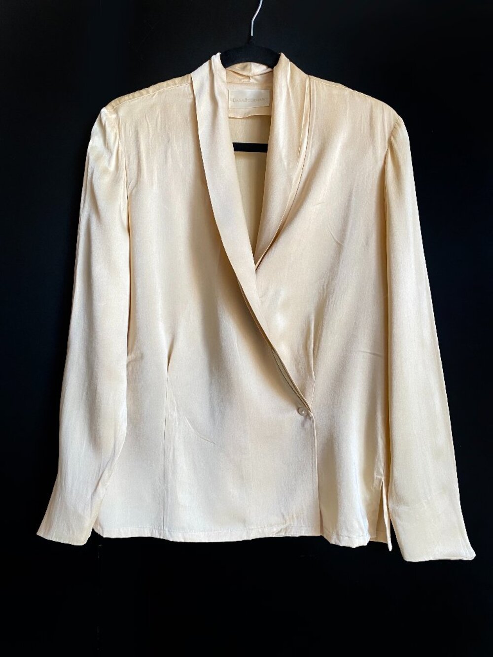 Dana Buchman 100% Silk Wrap Blouse Size 10 Champagne Long Sleeve Jacket Y2K